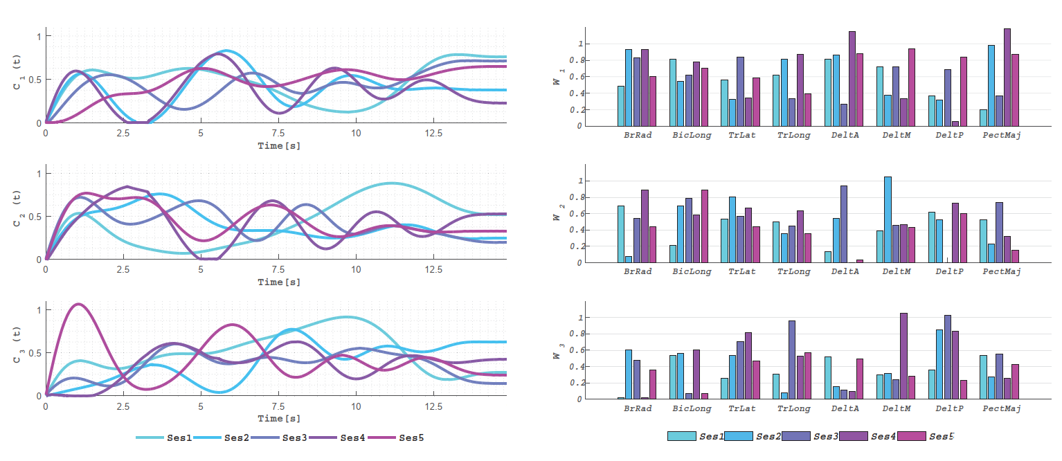 Graphs showing time-series data of muscle synergies across different sessions